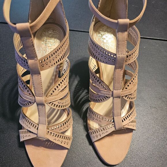 Vince Camuto Strappy Tan Block Heel Sandals - Picture 5 of 8